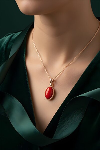 Takıdepo Mercan Taşlı El İşi Minimal Model Gümüş Kolye-Rose Rengi