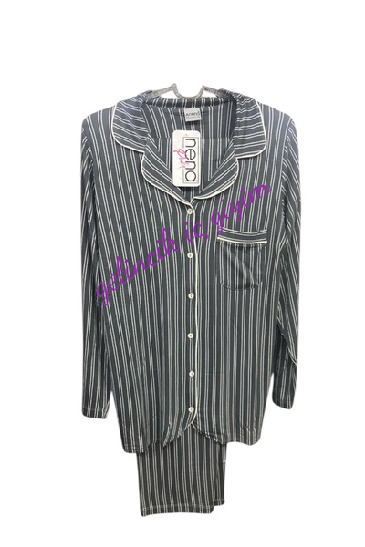 Nena Long Sleeve Front Open 100% Cotton Striped Pajama Set-Anthracite-14650