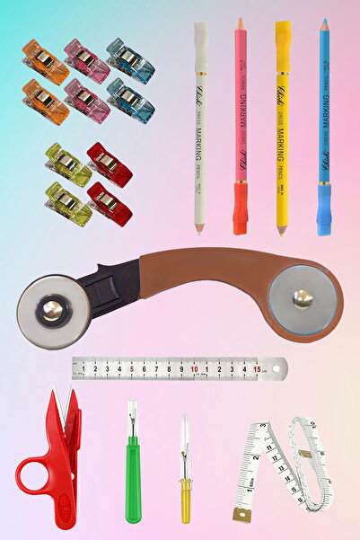 hodbehod 45mm Kumaş Deri Kağıt Rulet Kesici Makas Mezura İşaretleme Kalemi Mandal Sökücü Cetvel Seti