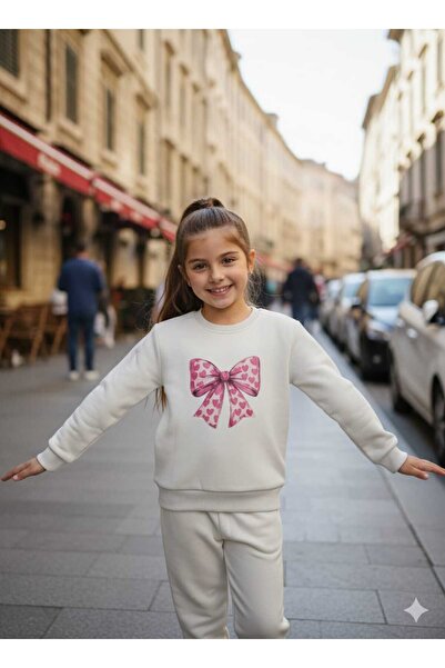 Monttini Girl's 3-Thread Ribbed Inner Layer Top and Bottom Tracksuit Set with Ribbon Print