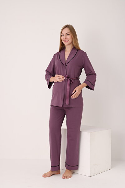Miss Dünya Lissa Front Tie-Detail Wide Collar Maternity and Postpartum Pajama...