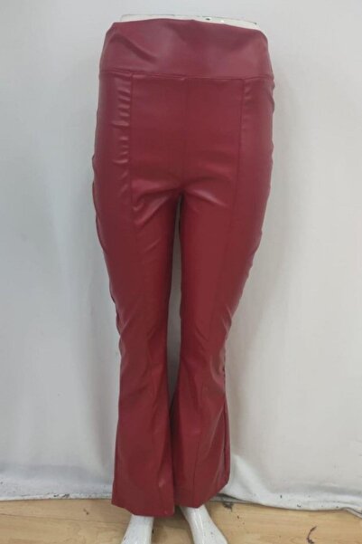 Mossta High Waist Front Seam Detailed Leather Trousers - Burgundy