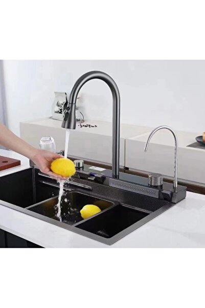 stuffix Chiuvetă de bucătărie multifuncțională cu afișaj digital pentru temperatură și baterie tip cascadă, 750x460mm, negru metalizat