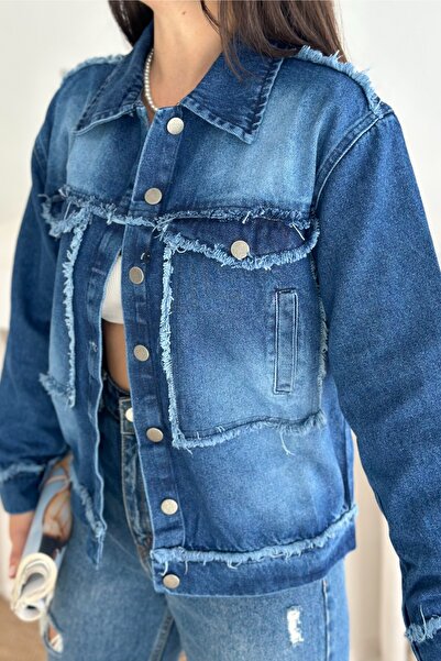 FEMELLE Jachetă de blugi oversize pentru femei, cu cusături albastre, cu detaliu de cusături