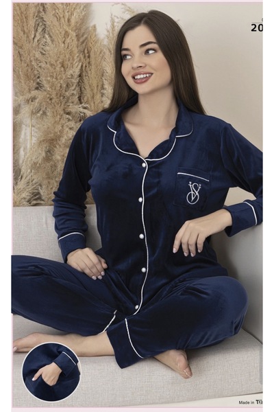 strabellaclothes Kadife Uzun Kollu Gömlek Yaka Düğmeli Kadın Pijama Takımı