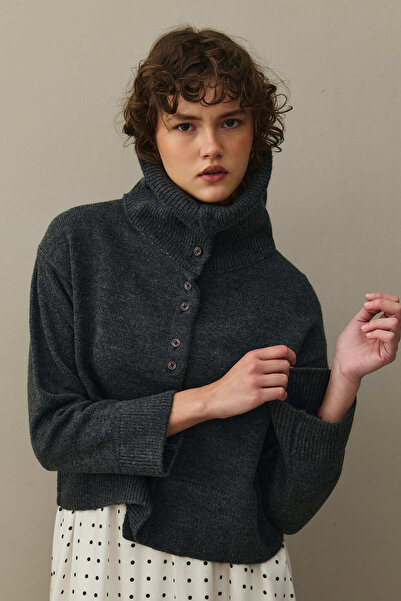 Fahhar Wide Collar Mohair Cardigan Anthracite