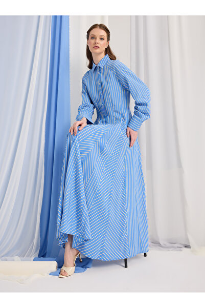 Store Wf فستان ماكسي مخطط باللون الأزرق