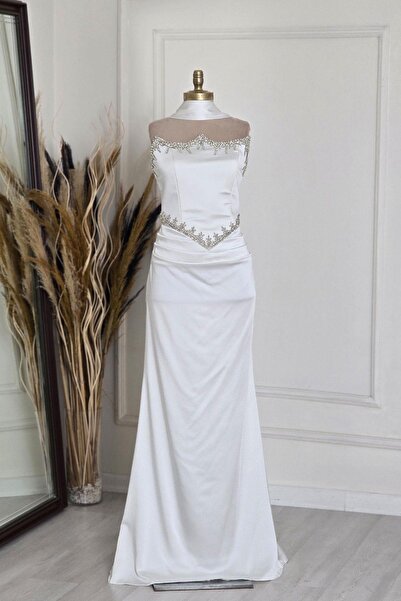 Yonca Moda Evi Beyaz Taşlı Korseli Abiye 6135