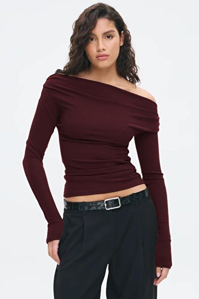 Madmext Bordo Kadın Off Shoulder Uzun Kollu Bluz MG2567