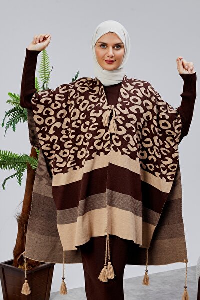 CNR TEKSTİL Leopard Printed Tricot Poncho with Tassel Accessories