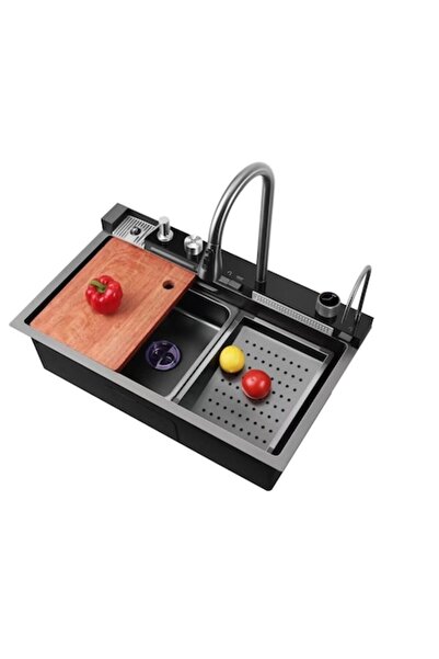 stuffix Chiuvetă de bucătărie multifuncțională cu afișaj digital pentru temperatură și baterie tip cascadă, 750x460mm, negru metalizat