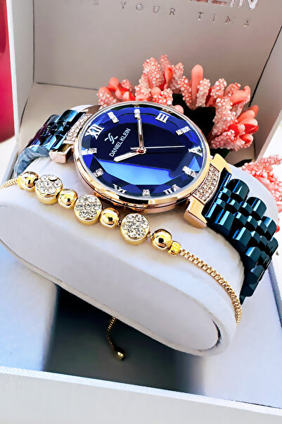 Daniel Klein Original Women's Wristwatch, Cut Glass Waterproof Navy Blue Steel Band - Bracelet Gift Dkby2050C1