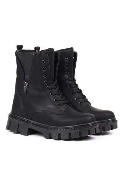 KAJILA Women's Black Nubuck Zipper Detailed Boots – Thick Sole Zippered Lace-Up Comfortable Daily Stylish and Da