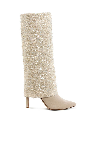 london Rag حذاء نسائي طويل الساق مزين بالترتر باللون البيج