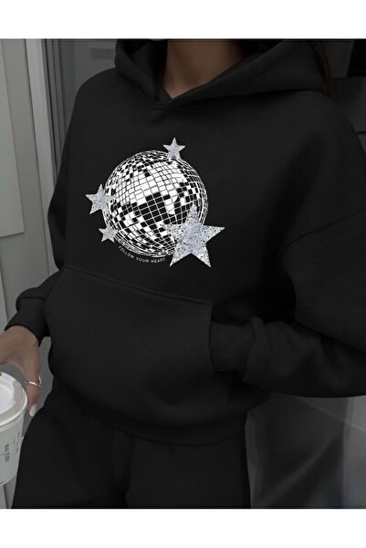 FUFLUNS Star and Disco Ball Printed Oversize Unisex Hooded Sweatshirt