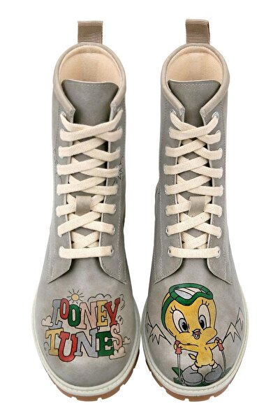 Dogo Γυναικείες μακριές μπότες από δέρμα Vegan σε γκρι χρώμα - Warner Bros Tweety Looney Tunes Ski Club Design