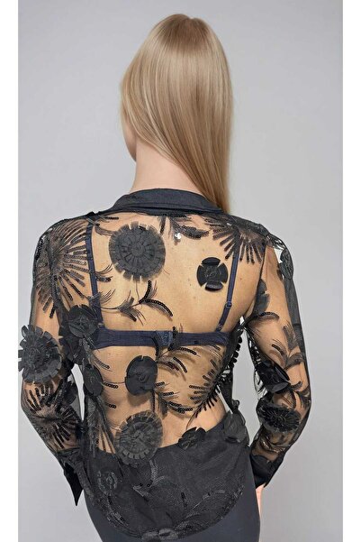 Cherry Lane 3D прозрачна тюлена блуза с флорални мотиви
