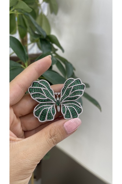 TRİA SİLVER 925 Ayar Gümüş Yeşil Zirkon Taşlı Kelebek Broş – Şal/Eşarp Ceket & Elbise Aksesuarı, Hediyelik Takı