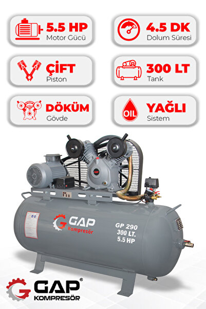 GAP KOMPRESÖR Hava Kompresörü Pistonlu 300LT 2 Kafa 8 Bar 5.5 Hp GP290