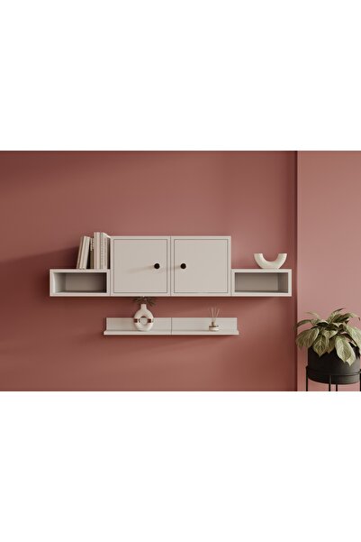 Nettrends Çok Amaçlı Duvar Ünitesi 2 Kapaklı Kapalı Depolama ve Yan Raflı Duv...