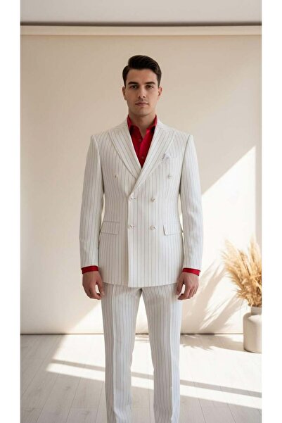Salihtarzz Suit Double Breasted Slimfit White Striped Sd42222