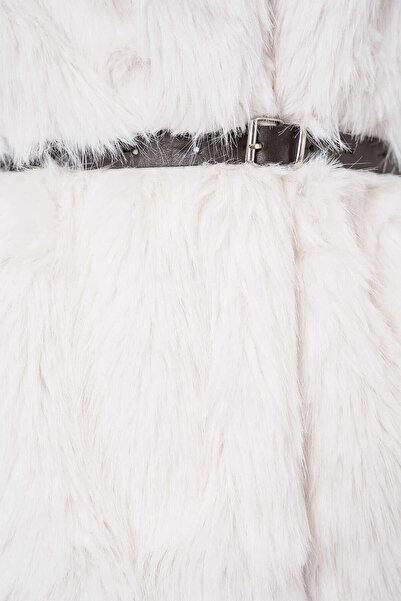 hazelin Women's White Belt Detailed Lined Plush Fur Coat Hzl25W-Bd191561