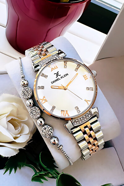 Daniel Klein Orijinal Kadın Kol Saati, Kesme Cam Su Geçirmez Gold Gümüş Çelik Kordon -Bileklik Hediye DKBY2050C10