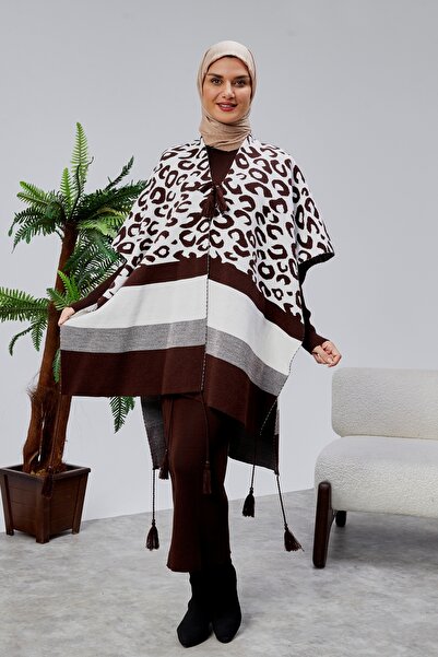 CNR TEKSTİL Leopard Printed Tricot Poncho with Tassel Accessories