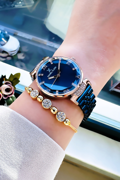 Daniel Klein Original Women's Wristwatch, Cut Glass Waterproof Navy Blue Steel Band - Bracelet Gift Dkby2050C1