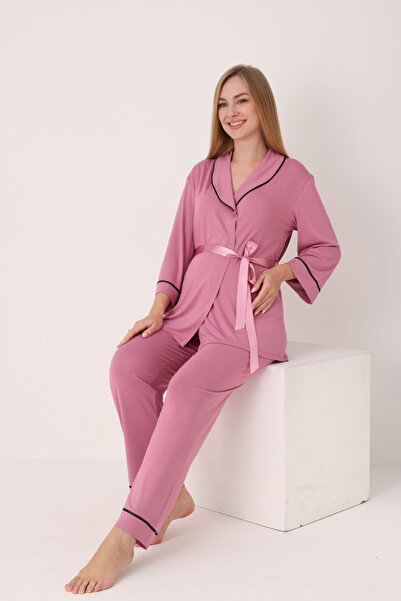 Miss Dünya Lissa Pregnant and Maternity Pajamas Set with Front Tie and Large Stripe Collar