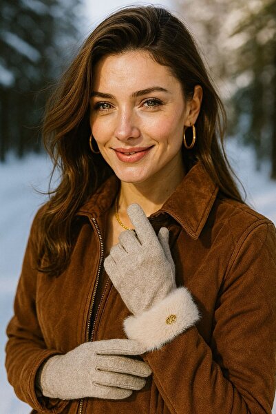 FELLMENS Beige Fur-Trimmed Women's Gloves