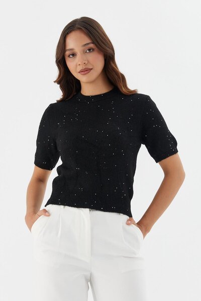 Shopping Shop Ασημί κοντομάνικο πλεκτό μπλουζάκι ΜΑΥΡΟ