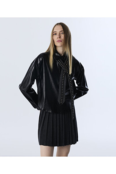 Twist Leather Look Shirt with Tie at the Collar