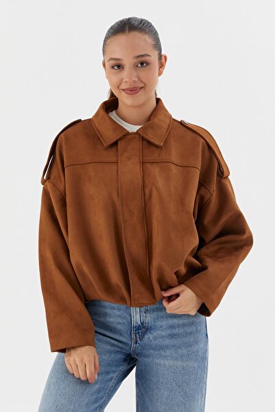 Shopping Shop سترة بومبر كبيرة الحجم من جلد الغزال باللون البني