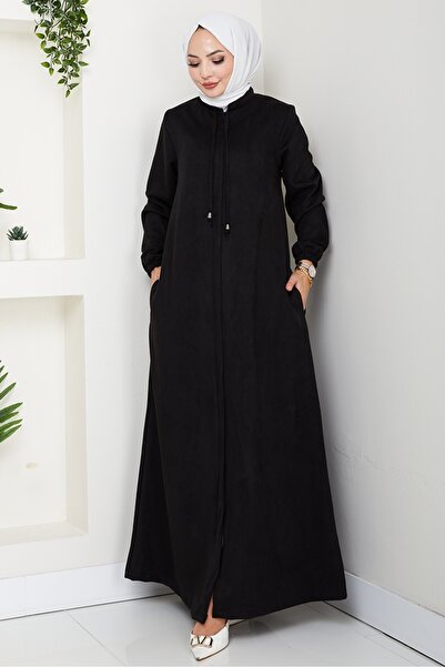 Bestenur Gizli Fermuarlı Süet Ferace 1605 - Siyah