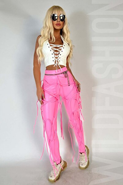 WildFashion Sexy high-waisted elastic vinyl pants with fringes G739A-521