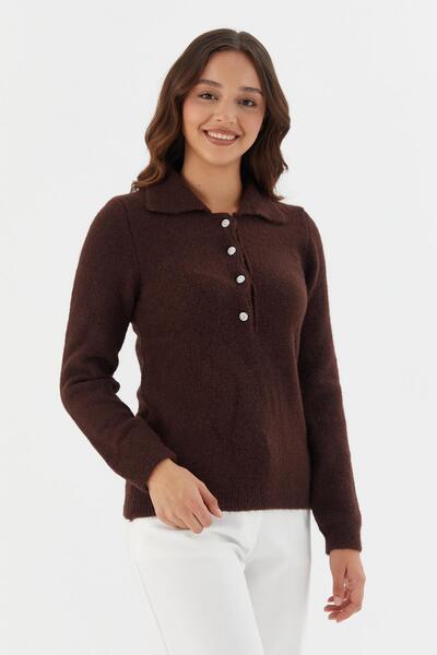 Shopping Shop Soft Textured Buttoned Knit Sweater Brown