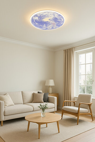 AILEEN 50 cm Çaplı Yuvarlak Dünya Desenli Tavan Avizesi – Modern Minimal Tasarım