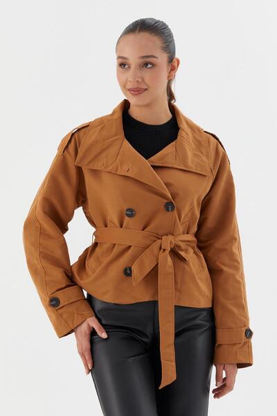 Shopping Shop Skraćeni kroj Kaput sa pojasom u struku, SMEĐI