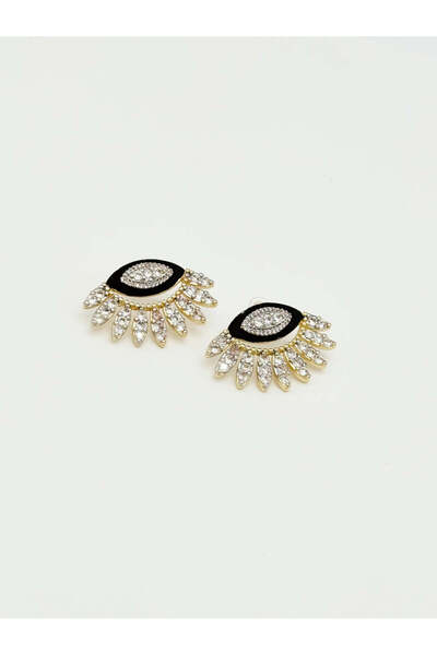 Miruva Women's Steel Eye Figured Stone Detailed Earrings – Gold Black