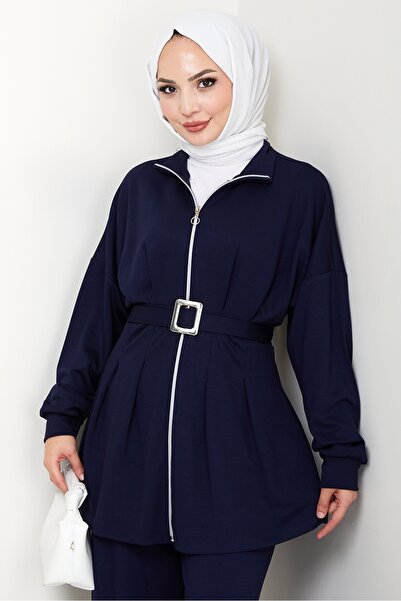 Bestenur Dilsa Belted Double Suit 1607 - Navy Blue