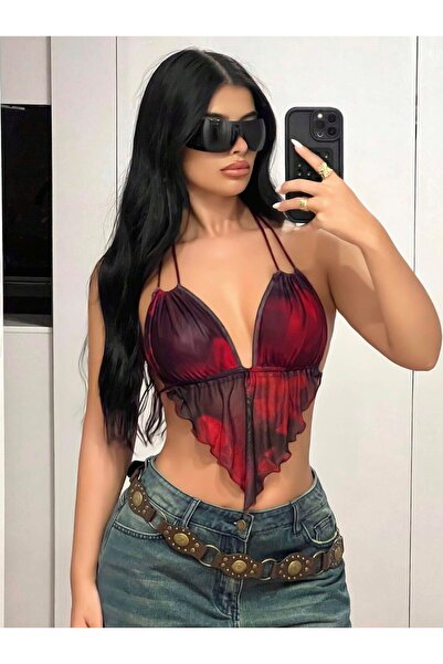 Lace & Grace Red and Black Colored Back-Tied Triangle Cut Crop