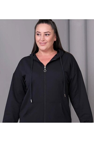 Seviliko Kadın Büyük Beden Kapüşonlu Kanguru Cepli Fermuarlı Yırtmaç Detaylı ...