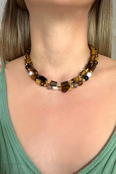 bemoreatelier Kaplan Gözü Doğal Taşlı ve İncili Kolye