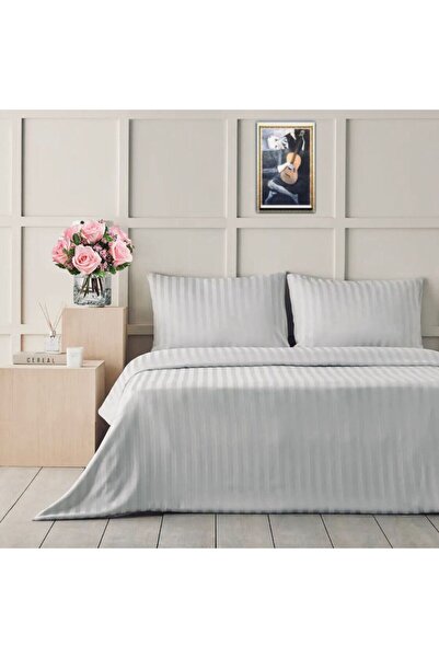 zera collection Gray Bedding Set - Cotton Satin Striped Duvet Cover Set Double Size Bed Sheet + 2 Pillows +Duvet Cover