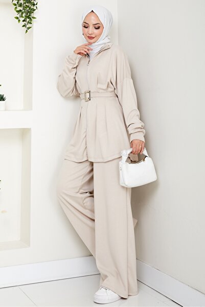 Bestenur Dilsa Belted Double Suit 1607 - Stone