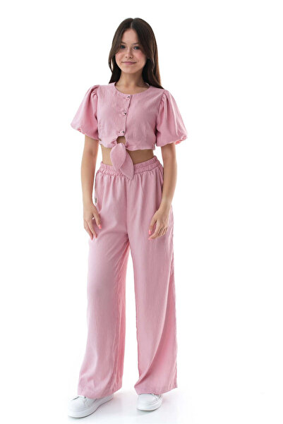 SOLLUXE FIANNA - Set made of airy material, crop top and wide pants, pink, 158