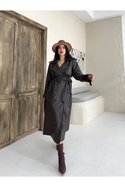Bella Breeze Kadın Astarlı Premium Deri Apoletli Pelerinli Trençkot