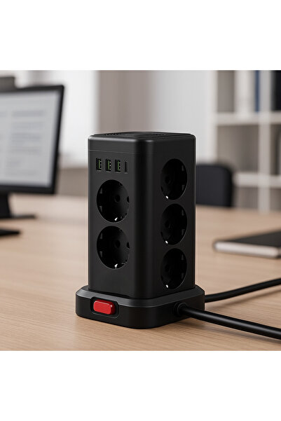 SMAYLİNG Çoklu Priz Kulesi 8’li Akım Korumalı – 3 USB-A + 1 Type-C Girişli Anahtarlı Uzatma Kablosu