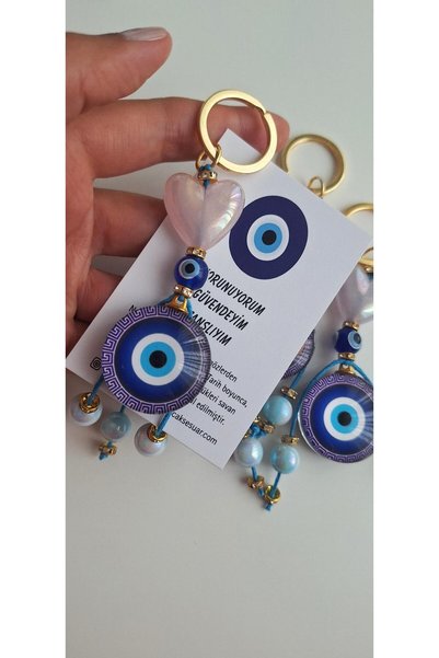 Svc Aksesuar Luxury Gift Heart Detailed Evil Eye Beaded Keychain - 11 cm